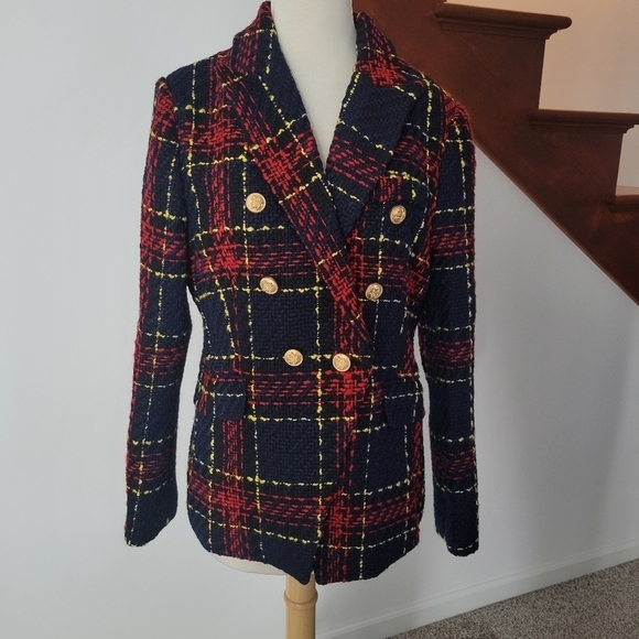 SMF Double- Breasted Plaid Tweed Jacket blazer w gold buttons super chic… - Picture 6 of 7